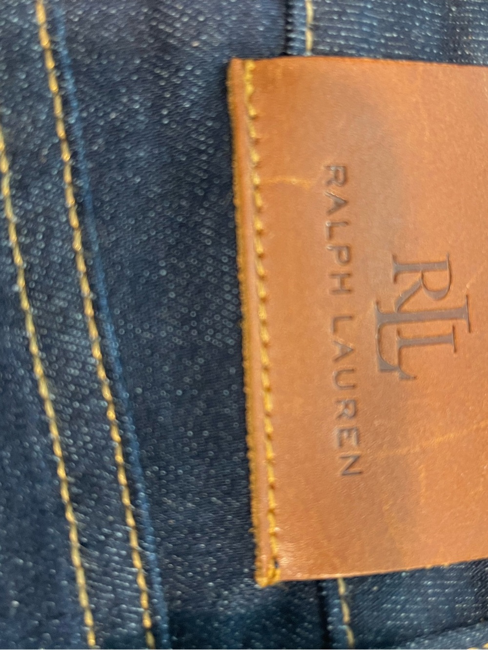 Ralph Lauren, Lauren, navy denim skirt with tan leather patch